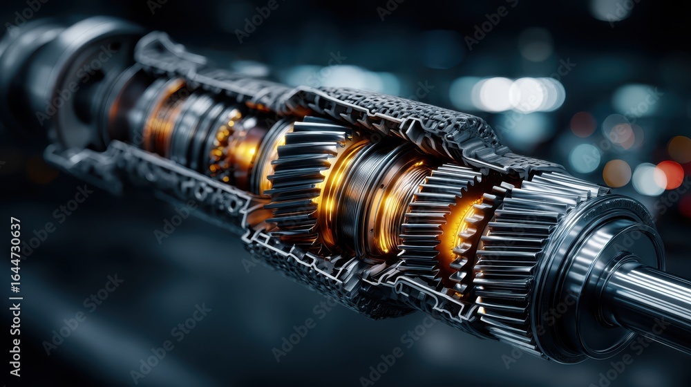 Poster a detailed cross-section of a mechanical gear system, showcasing intricate parts and glowing element