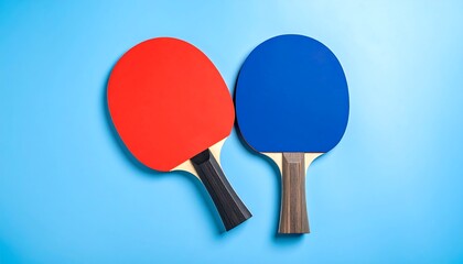 Vivid table tennis paddles on light blue surface for recreational sports photography