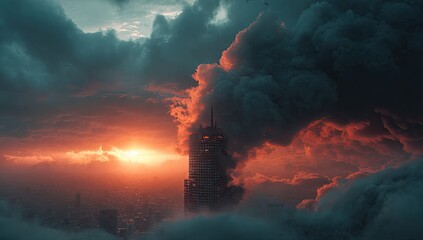 A skyscraper engulfed in dark smoke billows against a fiery sunset, a city shrouded below in a sea of clouds