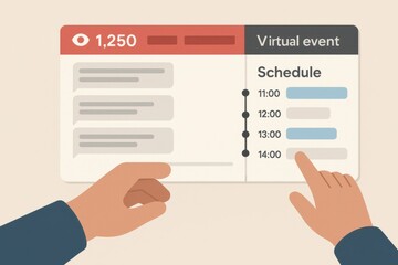Illustrated Online Event Dashboard with Schedule, Viewer Count, and Chat Feed
