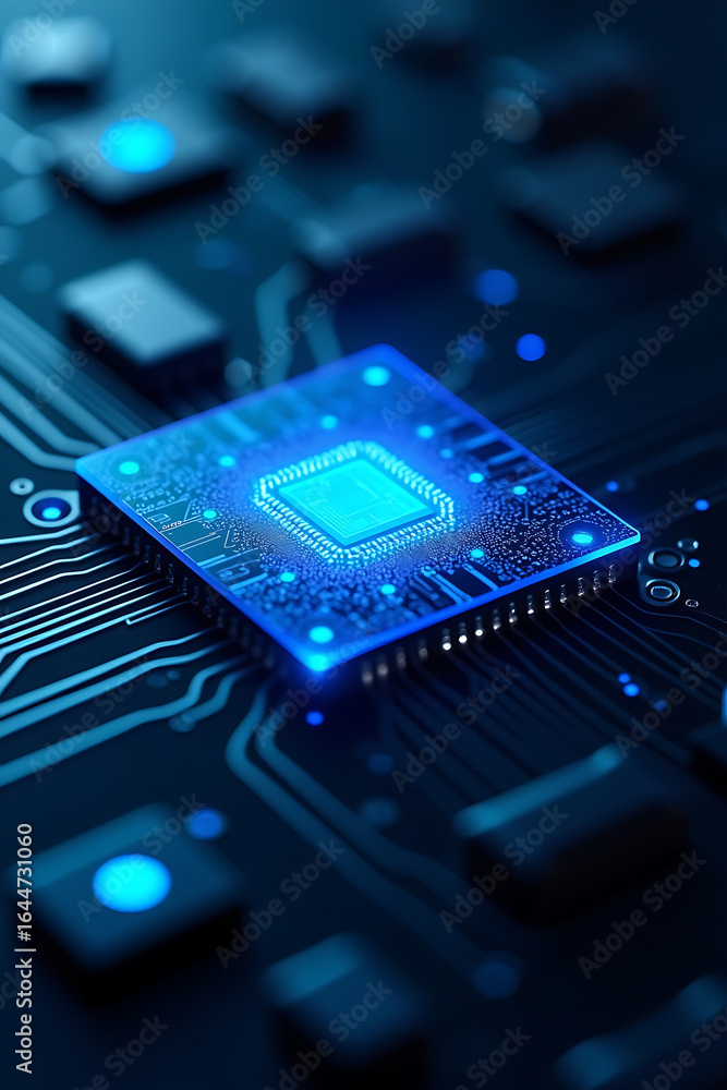 Aufkleber close-up view of a computer chip on a circuit board, illuminated with glowing blue light.
