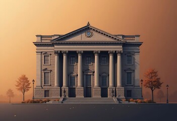 Obraz premium Minimalist illustration of a historical building in autumn colors, isolated on copper-to-golden gradient background
