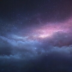 A dreamy nightscape featuring a purplish-pink nebula partially obscured by dark, low-lying clouds, speckled with countless stars across a deep, indigo sky