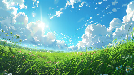Vibrant green field under a bright blue sky with fluffy white clouds and shining sun