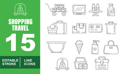 Shopping Travel set of web icons in line style. Exclusive Shopping Travel linear icon collection. Containing travel, tourism, shopping, accessory, container, trolley, and briefcase. Editable stroke