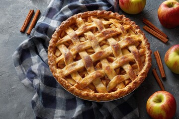 Freshly baked apple pie with lattice top, resting on a checkered tablecloth, surrounded by apples and cinnamon sticks on a dark gray surface