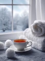 Steaming teacup rests on a windowsill beside fluffy white towels and snowballs, a winter scene visible through the frosted windowpane