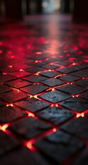Glowing red lights illuminate a dark, textured, gridded floor of square tiles, creating a futuristic, almost fiery effect.  Perspective leads the eye into the distance