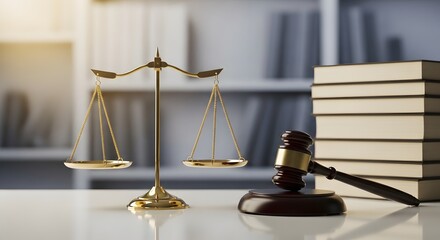 Gavel and Scales of Justice with Stacked Books in Soft Light
