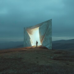 A solitary figure stands before a luminous, origami-like stone gateway, set against a muted, hilly landscape under a dusky sky