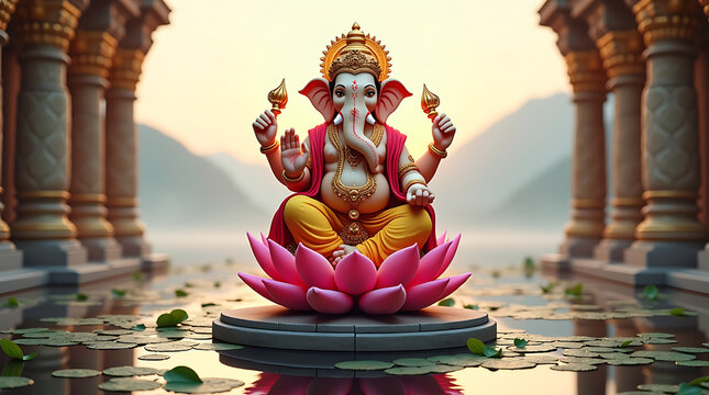 Lord Ganesha seated on a pink lotus flower in a serene water body with misty mountains in the background