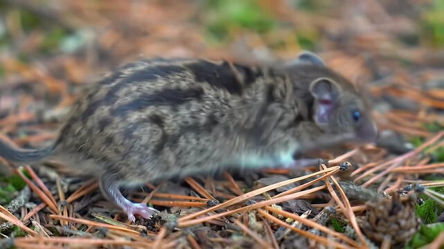 Close-up of a striped elephant shrew foraging on a forest floor with pine needles and moss