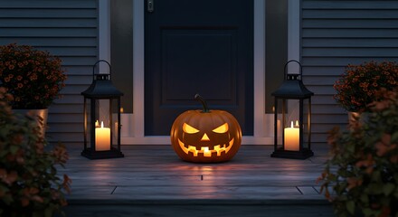 Obraz premium Halloween pumpkin on porch with lanterns in evening for spooky atmosphere