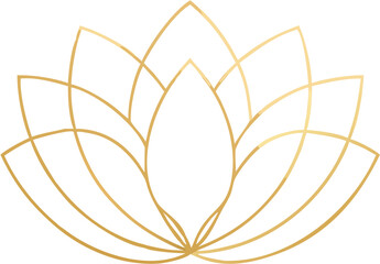Elegant minimal lotus flower outline vector in gold thin lines, symmetrical design, transparent background, perfect for spa, wellness, yoga, and luxury branding