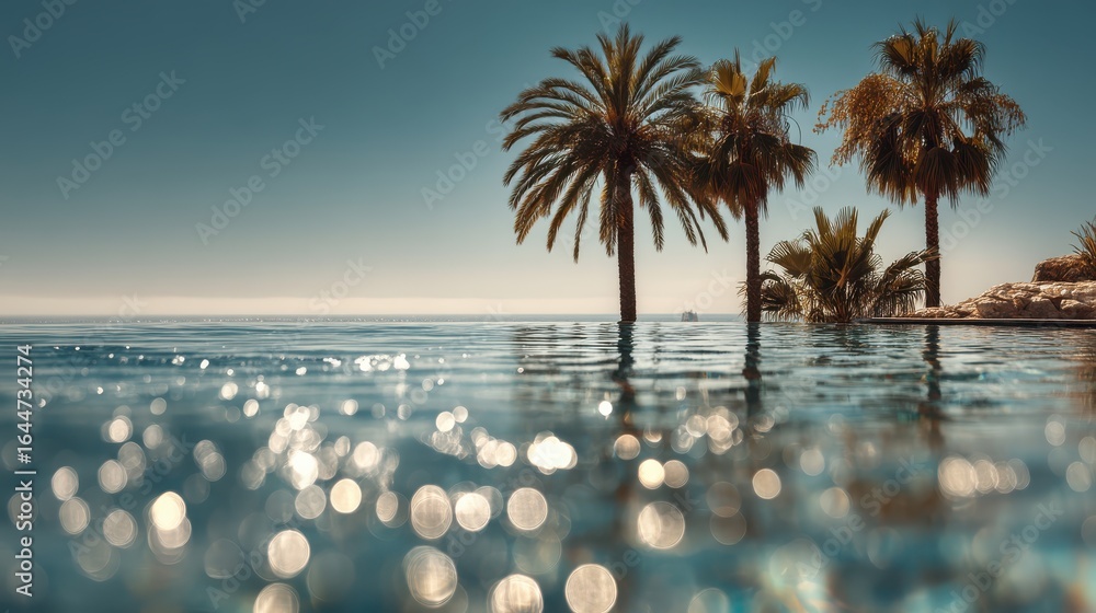 Aufkleber a serene view of palm trees reflecting in calm water, with shimmering light creating a tranquil and 