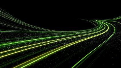 Abstract swirling lines of light, green and yellow, on a black background