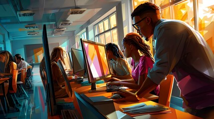 High School Computer Lab with Students Focused on Monitors perfect for digital education materials, classroom tech brochures, workforce readiness campaigns and learning environment visuals