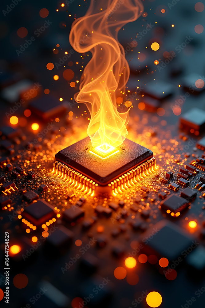 Aufkleber fiery cpu overload: a computer chip ignites, emitting intense flames and sparks on a circuit board.