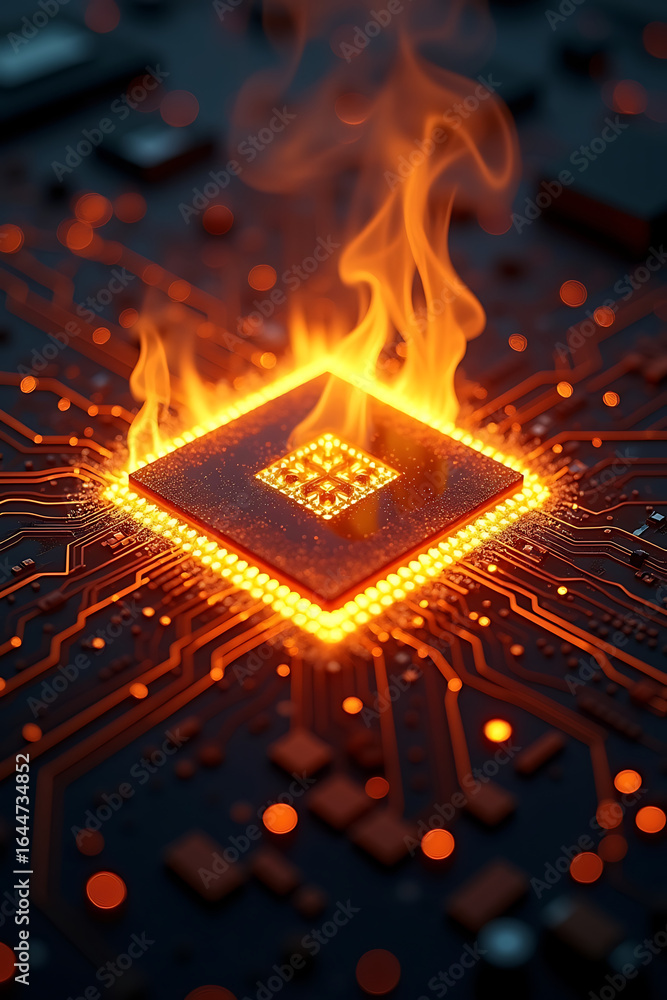 Aufkleber fiery cpu overload; a microchip engulfed in flames atop a circuit board.