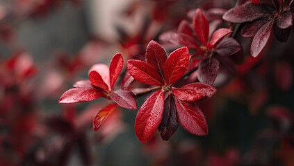 Close-up of a branch with vibrant, deep red leaves, showing intricate detail and subtle water droplets, blurred background