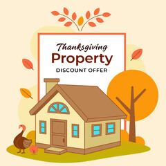 Thanksgiving property discount offer featuring a charming house a turkey and autumn foliage perfect for real estate promotions