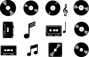 Retro Music Icons Collection – Vinyl & Cassette Silhouettes" vector bundle