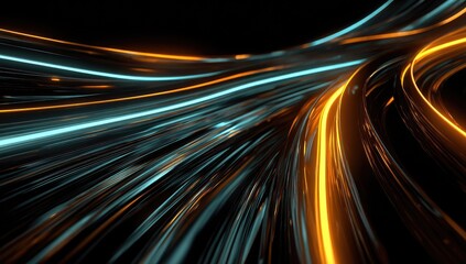 Abstract swirling lines of light, teal and gold, on a black background.  Dynamic, futuristic, and energetic