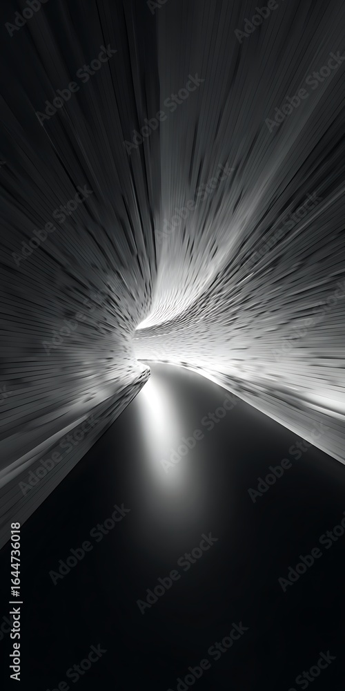 Poster a monochrome tunnel with a bright light at the end, creating a sense of perspective and depth, with 