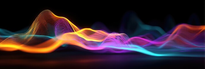 Abstract, vibrant, flowing lines in various colours against a black background
