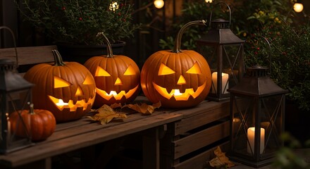 Obraz premium Spooky Halloween pumpkins and lanterns glowing on a wooden bench