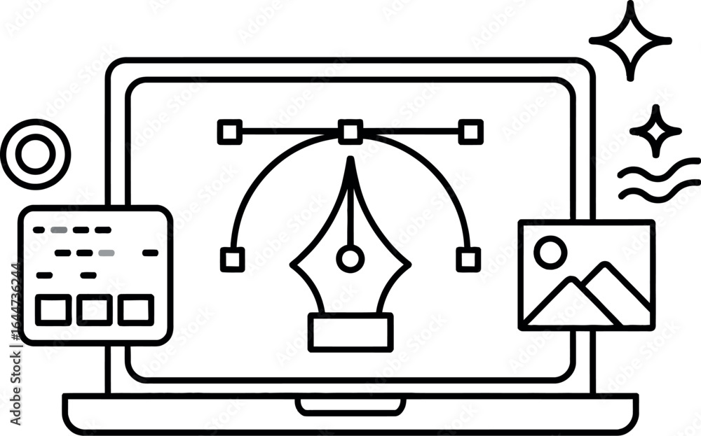 Aufkleber illustration of a laptop displaying a vector graphic design interface with various design elements a