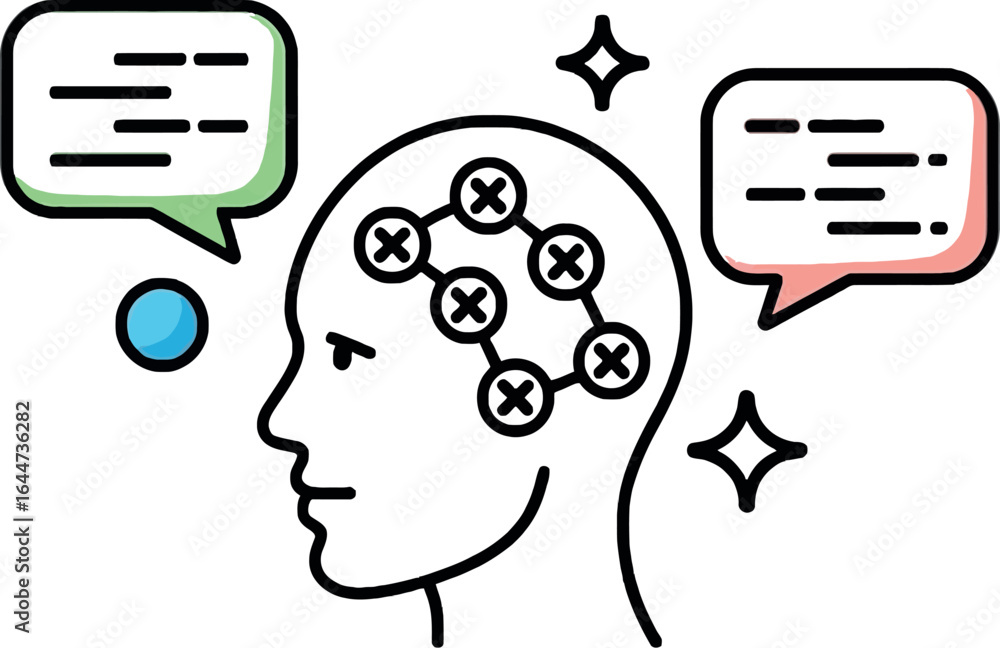 Aufkleber illustration of a head with connected circles and crosses and speech bubbles with lines inside them