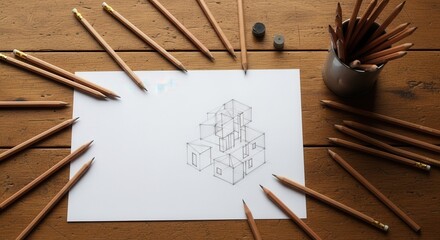 A collection of pencils and erasers surrounds a detailed architectural sketch on a wooden surface, showcasing the creative process