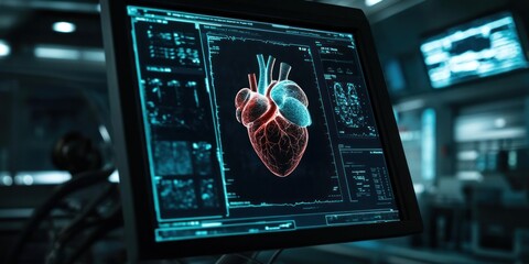 3D Heart Model Displayed on Medical Monitor in Futuristic Lab