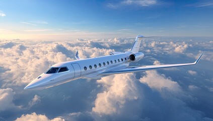 Sleek white private jet soaring above a fluffy sea of clouds at sunrise/sunset, showcasing its elegant design and advanced aerodynamics