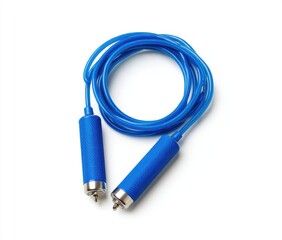 Blue jump rope coiled on white background