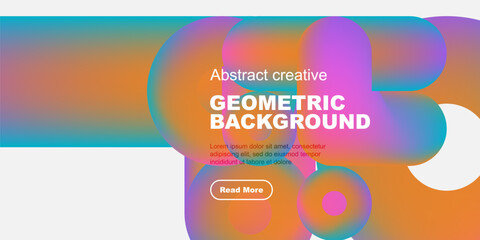 Vibrant colorful abstract shapes overlap white, gray areas. Text promotes geometric background design, includes call to action.