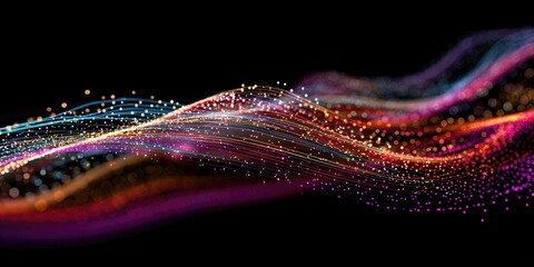 Abstract wavy stream of colorful particles on black background