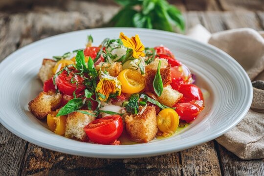 Colorful bruschetta salad with toasted croutons, cherry tomatoes, and edible flowers