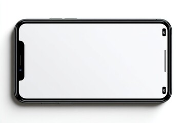 High-angle view of a modern black smartphone with a blank white screen