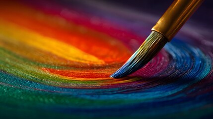 A paintbrush strokes vibrant concentric circles of color.