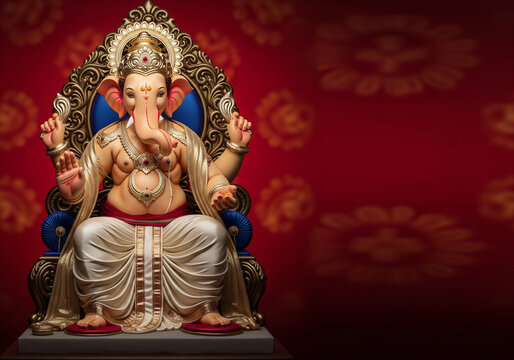 hindu god ganesh : Regal Lord Ganesha on a throne with copy space for Ganesh Chaturthi greetings.
