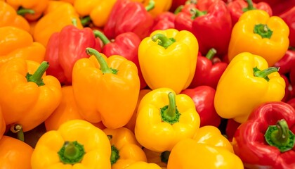 A vibrant close-up of many red and yellow bell peppers