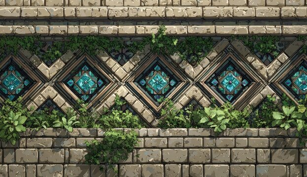 Ornate stone wall adorned with  floral and geometric patterns.  Plants and turquoise accents
