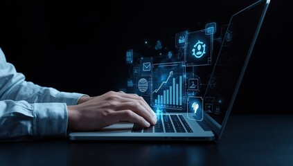 Person using laptop with digital interface overlay showing data analytics and visualizations displayed