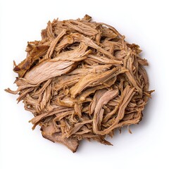 Overhead Shot of Shredded Brown Pulled Meat on White Background