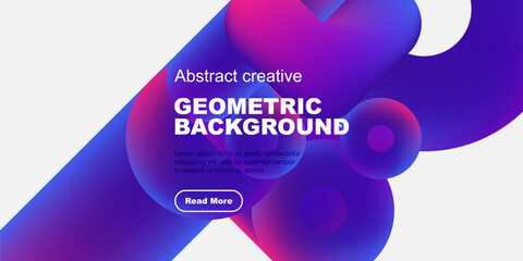 Vibrant abstract shapes overlap white, black space. Text promotes geometric background design, includes call to action.