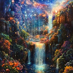 Obraz premium Celestial Dreamfall II A cascade of radiant dreams falling like gentle rain over surreal landscapes calming and visionary