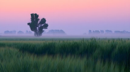 Fototapeta premium Misty sunrise over a tranquil field of wheat.