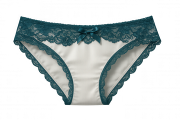 Classic white panties with teal lace trim and a small bow, creating a delicate and feminine aesthetic on transparent background